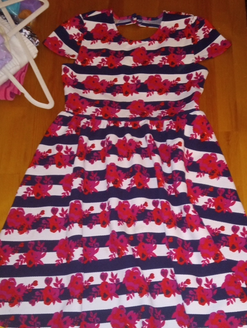 Girls Navy & Pink Floral Stripe Casual Dress